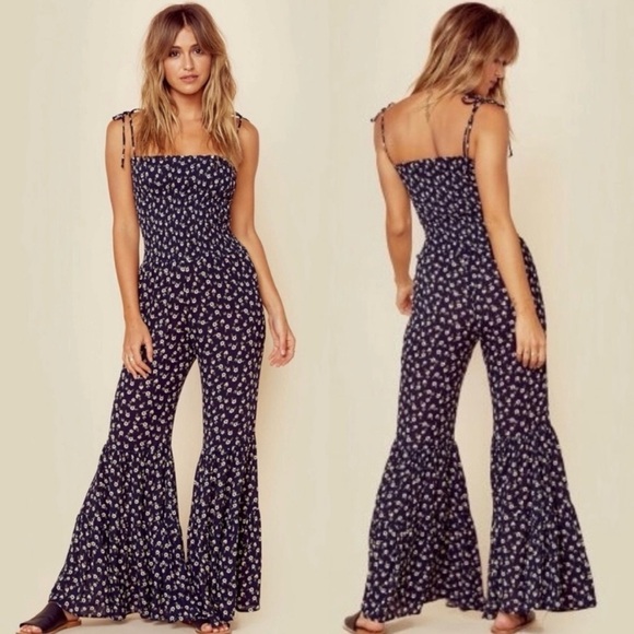 Blue Life Pants - Blue life fiesta jumpsuit ditsy floral flare leg smocked navy women’s XS